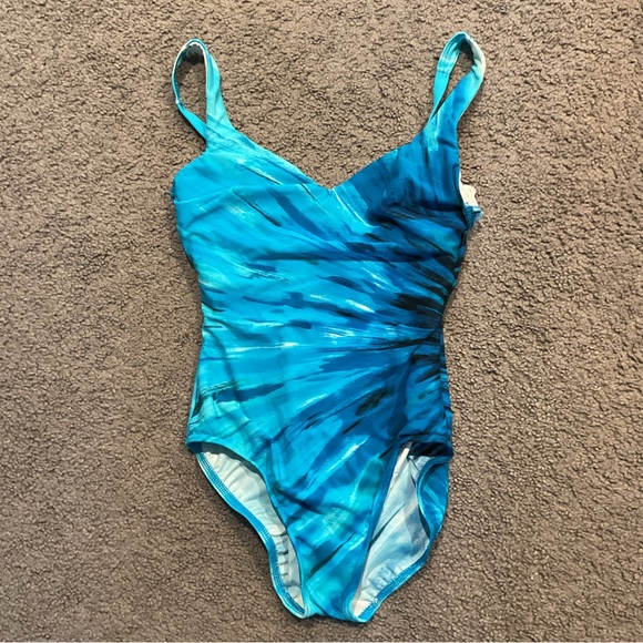 Miraclesuit Vintage Blue Tie-Dye One-Piece Wrap Halter Swimsuit Bathing Suit, 8 - Picture 1 of 6